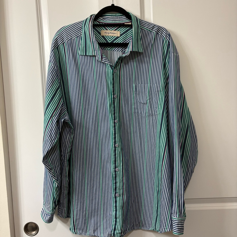 Tommy Bahama Mens Long Sleeve Striped Button Shirt Size XXL Silk/Cotton Blend